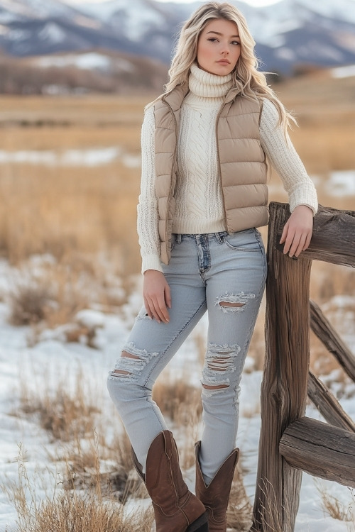 Woman in a cream cable-knit turtleneck layered with a puffer vest, ripped jeans, and brown cowboy boots, leaning against a rustic wooden fence with a snowy meadow in the background