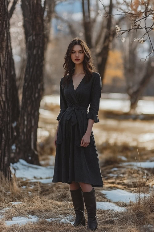 Woman in a dark gray wrap dress with a V-neckline and a gathered waist, casually styled with minimal jewelry and cozy leather boots (2)