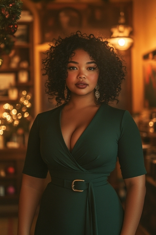 Woman in a dark green plus-size wrap dress that falls below the knee, styled with a belt and delicate earrings