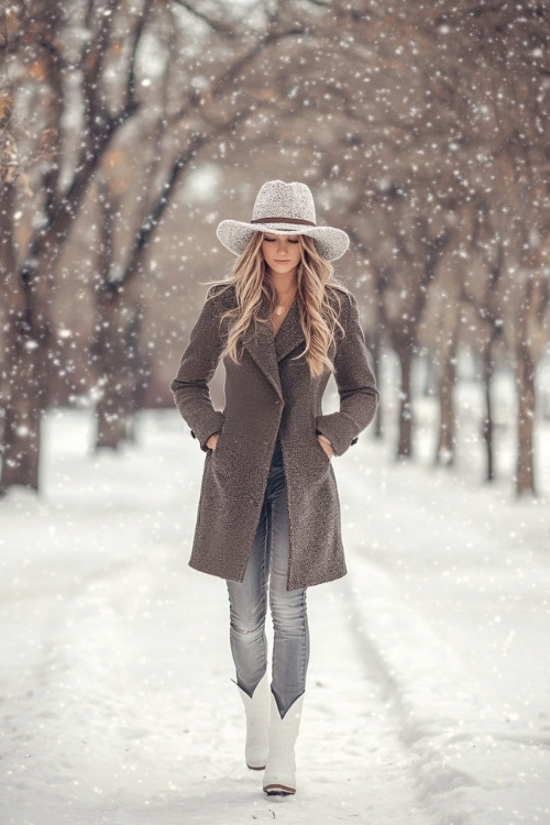 Woman in a double-breasted wool coat with a chunky knit hat, gray jeans, and white cowboy boots, walking through a quiet park with snow-covered paths (2)