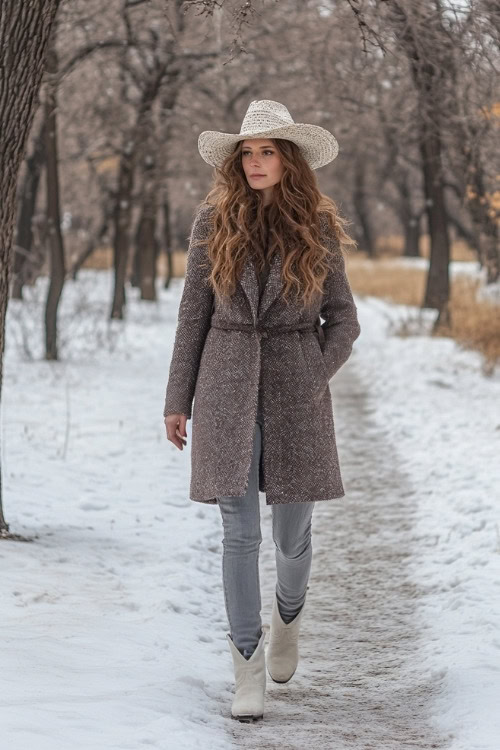 Woman in a double-breasted wool coat with a chunky knit hat, gray jeans, and white cowboy boots, walking through a quiet park with snow-covered paths