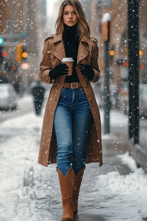 Woman in a fitted black turtleneck, belted trench coat, blue jeans, and brown cowboy boots, holding a hot coffee cup while standing on a snowy city sidewalk