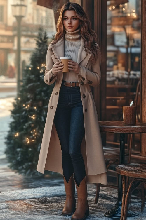 Woman in a fitted turtleneck under a long, belted trench coat, dark skinny jeans, and brown cowboy boots