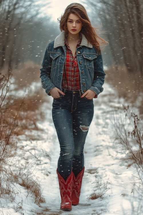 Woman in a flannel shirt under a sherpa-lined denim jacket, dark jeans, and red cowboy boots, standing in a snow-dusted countryside with bare trees