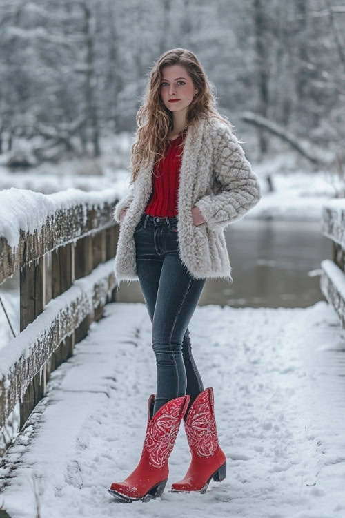 Woman in a fluffy cardigan under a quilted winter coat, dark jeans, and red cowboy boots, posing by a snow-covered bridge overlooking a quiet river,