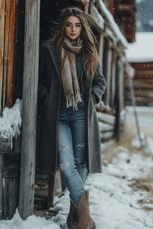 Woman in a heavy wool coat over a long-sleeve shirt, scarf, ripped jeans, and brown cowboy boots, standing by a rustic barn with a snow-covered roof