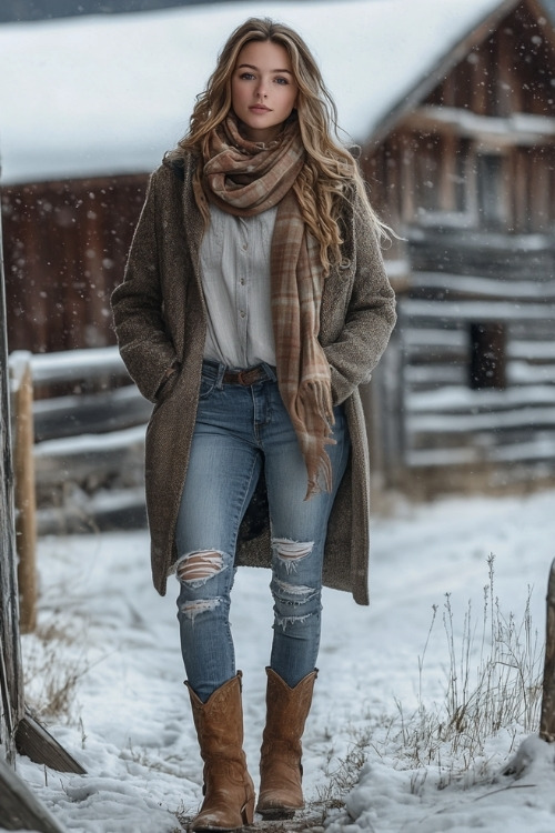 Woman in a heavy wool coat over a long-sleeve shirt, scarf, ripped jeans, and brown cowboy boots