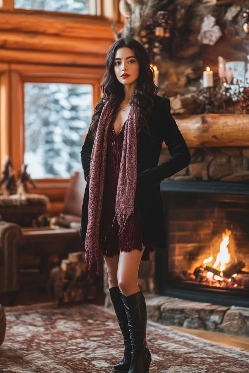 Woman in a knee-length burgundy dress with a black velvet blazer, paired with ankle boots and a soft scarf