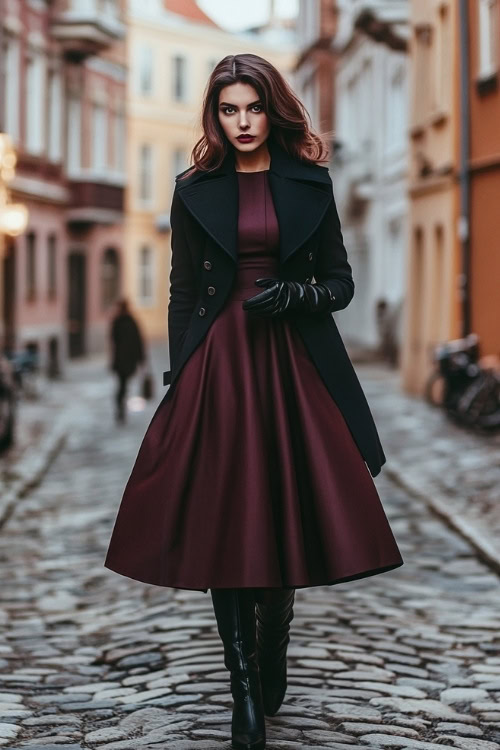 Woman in a knee-length dark red dress with a fitted waist, paired with a classic black trench coat and leather gloves