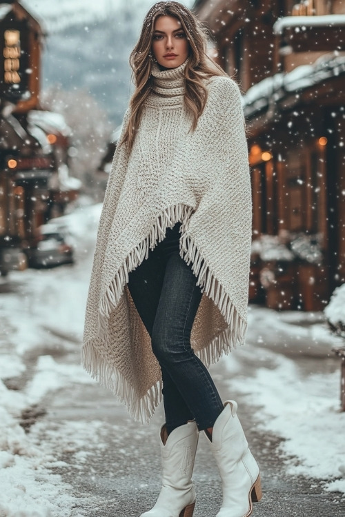 Woman in a knitted poncho layered over a slim turtleneck and dark jeans, white cowboy boots, posing on a snowy village street