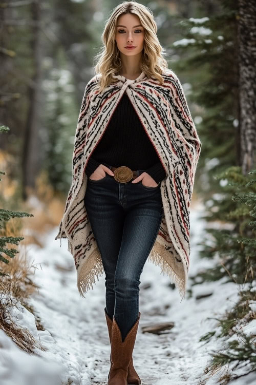 Woman in a knitted poncho over a fitted black sweater, dark jeans, and brown cowboy boots, posing on a snowy trail with tall evergreens (2)