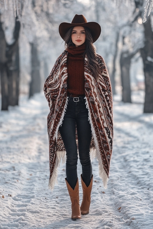 Woman in a knitted poncho over a turtleneck, dark skinny jeans, and brown cowboy boots, standing in a wintery park with frost-covered trees