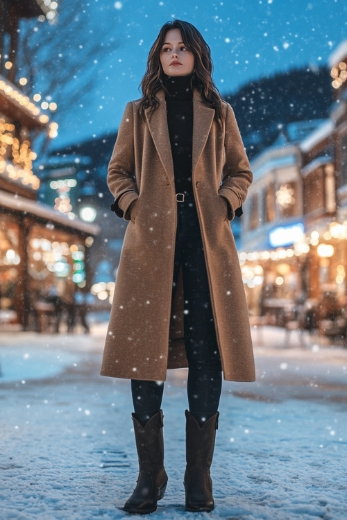 Woman in a long camel coat layered over a cozy turtleneck, black jeans, and dark brown cowboy boots, standing in front of a snow-covered town square with holiday lights