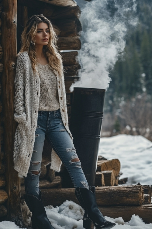 Woman in a long cardigan over a chunky knit sweater, ripped jeans, and black cowboy boots, standing by a wooden cabin with smoke rising from the chimney, surrounded by snow