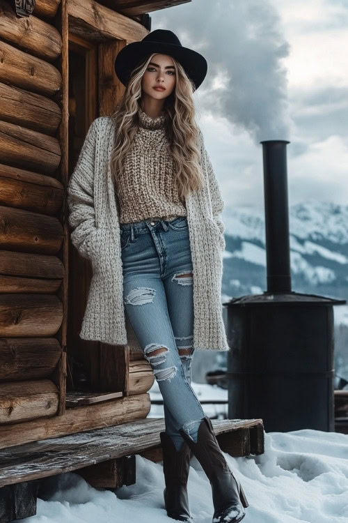 Woman in a long cardigan over a chunky knit sweater, ripped jeans, and black cowboy boots, standing by a wooden cabin with smoke rising from the chimney