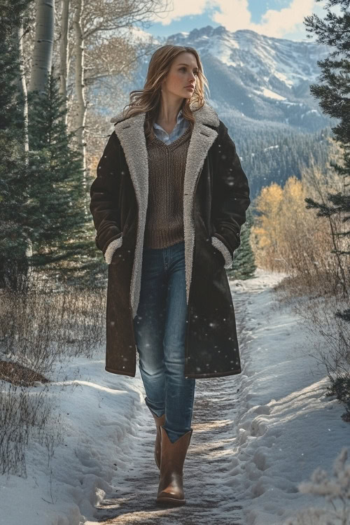 Woman in a long sherpa-lined coat layered over a thick sweater, light-wash jeans, and brown cowboy boots, walking along a snowy forest trail with mountain views