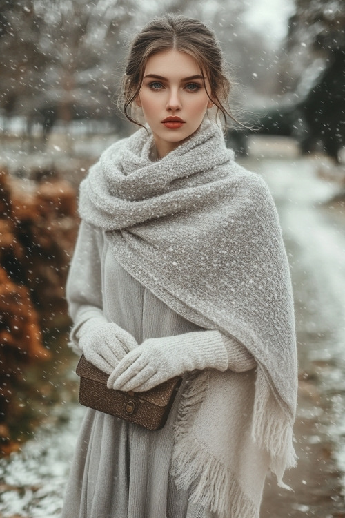 Woman in a mid-calf length, soft gray dress layered with a light wool shawl, accessorized with a small clutch and gloves