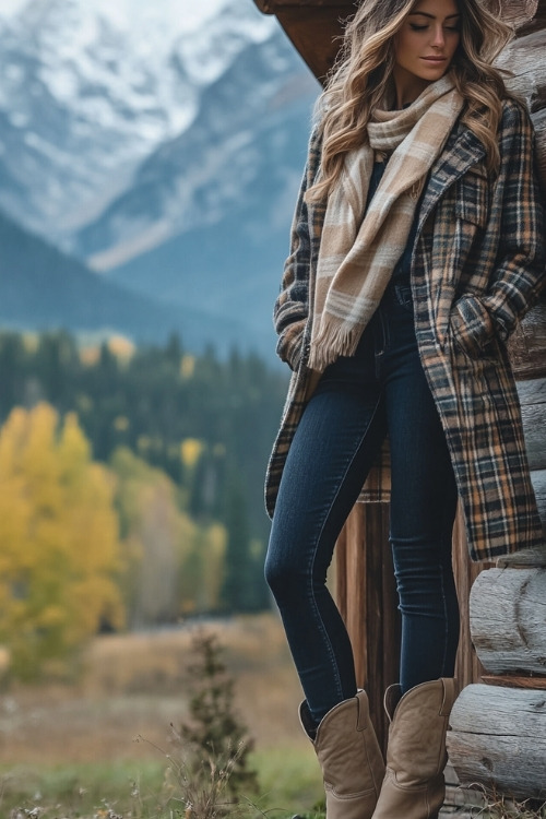 Woman in a plaid wool coat, dark jeans, and beige cowboy boots, wearing a matching scarf, standing beside a rustic cabin with mountains in the background (2)