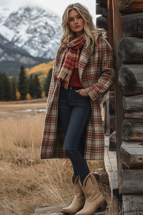 Woman in a plaid wool coat, dark jeans, and beige cowboy boots, wearing a matching scarf, standing beside a rustic cabin with mountains in the background (3)