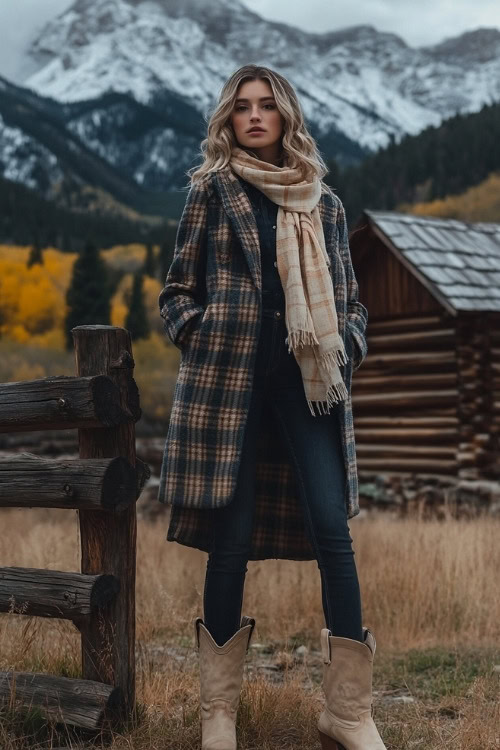 Woman in a plaid wool coat, dark jeans, and beige cowboy boots, wearing a matching scarf, standing beside a rustic cabin with mountains in the background