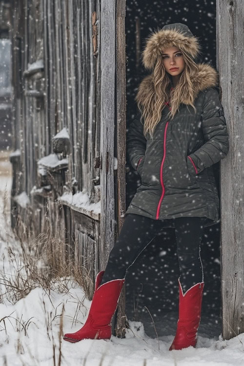 Woman in a puffy parka with fur trim, black leggings, and red cowboy boots, leaning against a wooden barn surrounded by fresh snow