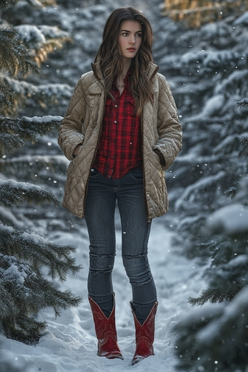 Woman in a quilted red flannel under a heavy parka, dark jeans, and red cowboy boots, posing by snow-covered evergreens (2)