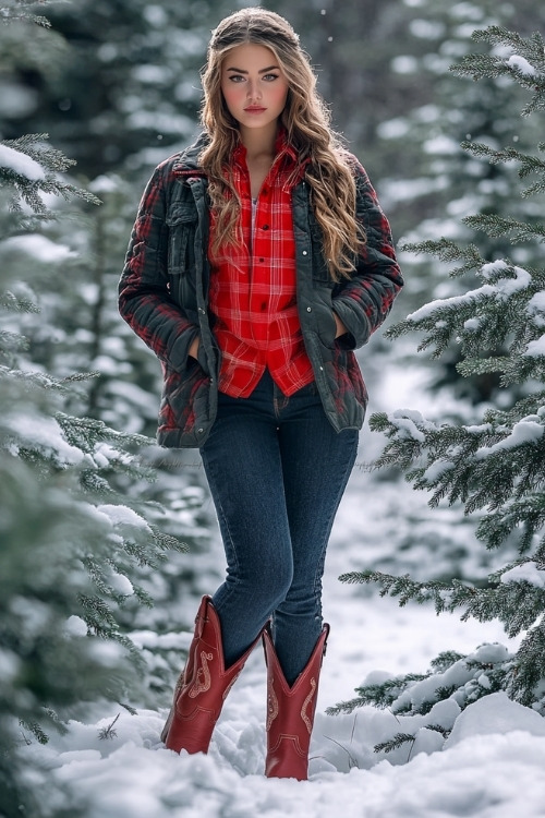 Woman in a quilted red flannel under a heavy parka, dark jeans, and red cowboy boots, posing by snow-covered evergreens (3)