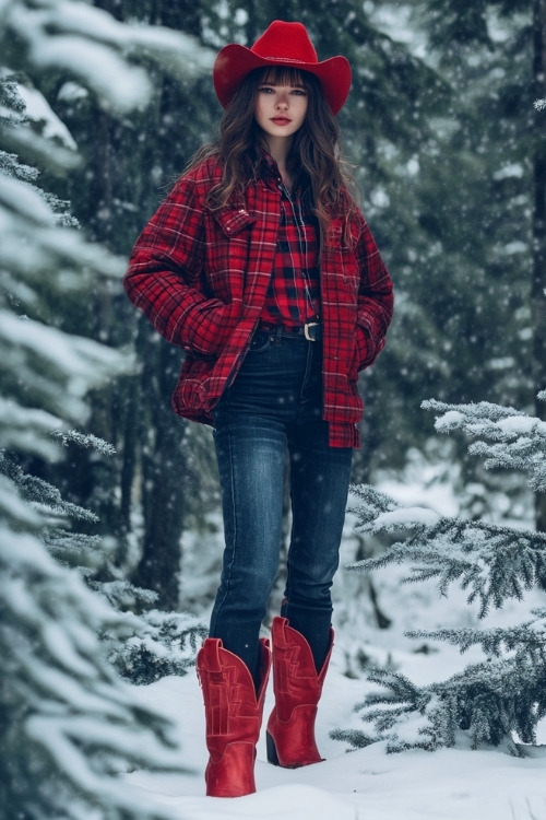 Woman in a quilted red flannel under a heavy parka, dark jeans, and red cowboy boots, posing by snow-covered evergreens