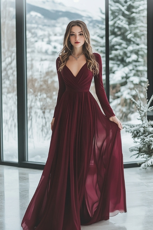 Woman in a rich burgundy, empire-waist dress with long sleeves and a flowing skirt, styled with a statement necklace