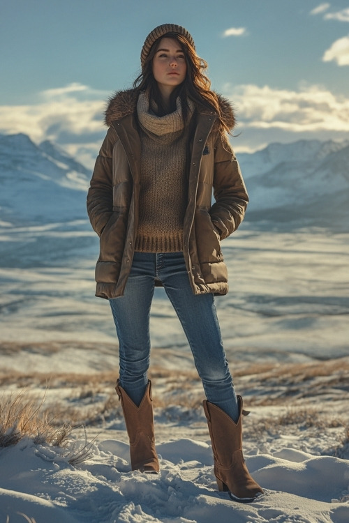 Woman in a sherpa-lined parka layered over a fitted sweater, skinny jeans, and brown cowboy boots, standing on a scenic snow-covered hill with mountains in the distance