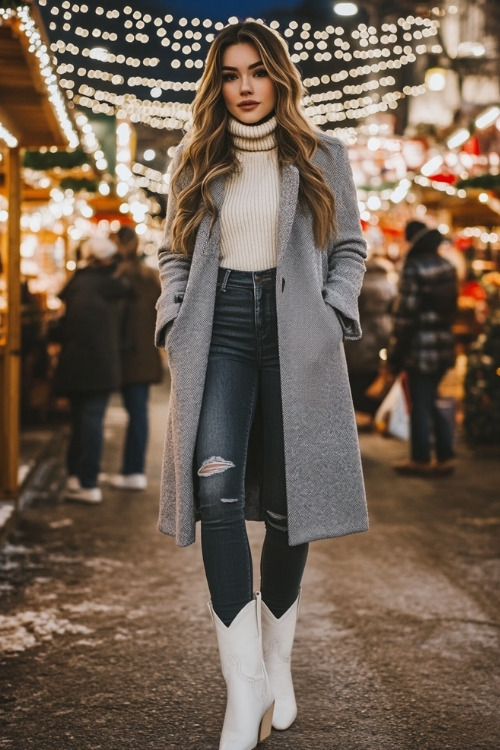 Woman in a soft gray wool coat over a fitted cream turtleneck, dark jeans, and white cowboy boots, posing by a bustling holiday market with twinkling lights (2)