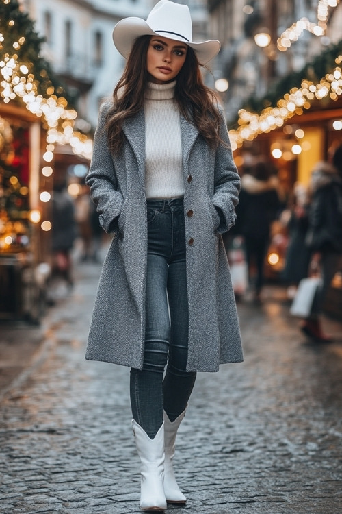 Woman in a soft gray wool coat over a fitted cream turtleneck, dark jeans, and white cowboy boots, posing by a bustling holiday market with twinkling lights