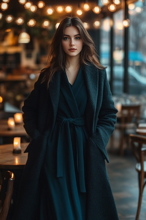 Woman in a stylish dark teal dress with a belt, paired with a long, classic black wool coat and a matching scarf