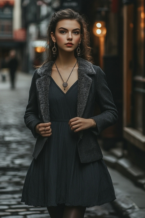 Woman in a tailored dark gray dress with a faux fur jacket, accessorized with simple jewelry and knee-high boots