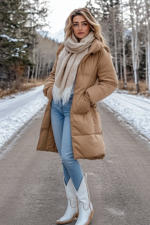 Woman in a tan puffer coat with a wool scarf, light blue jeans, and white cowboy boots (2)