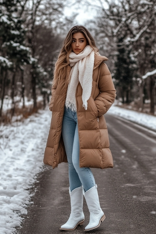 Woman in a tan puffer coat with a wool scarf, light blue jeans, and white cowboy boots