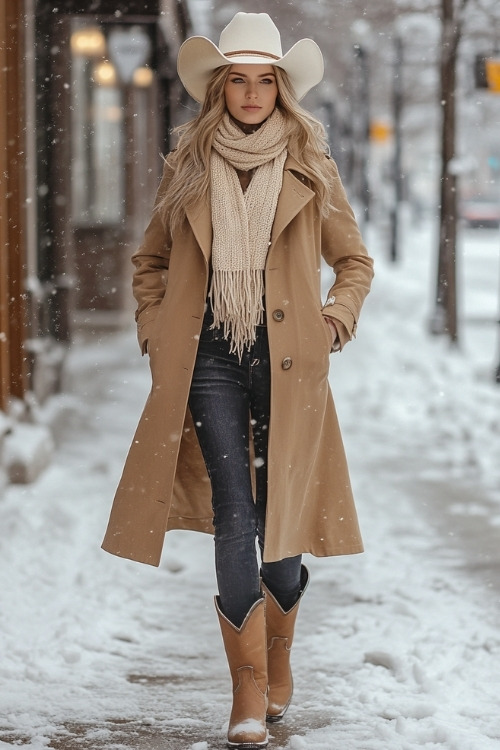 Woman in a tan trench coat, cream knit scarf, dark jeans, and beige cowboy boots, walking along a snow-covered city sidewalk (2)