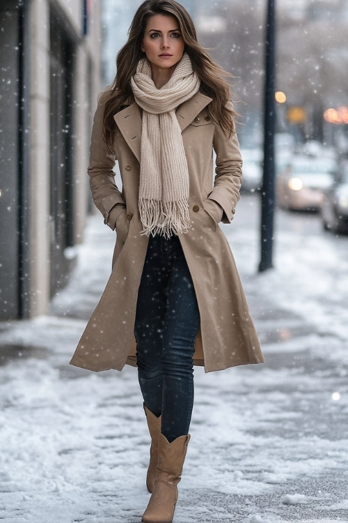 Woman in a tan trench coat, cream knit scarf, dark jeans, and beige cowboy boots, walking along a snow-covered city sidewalk