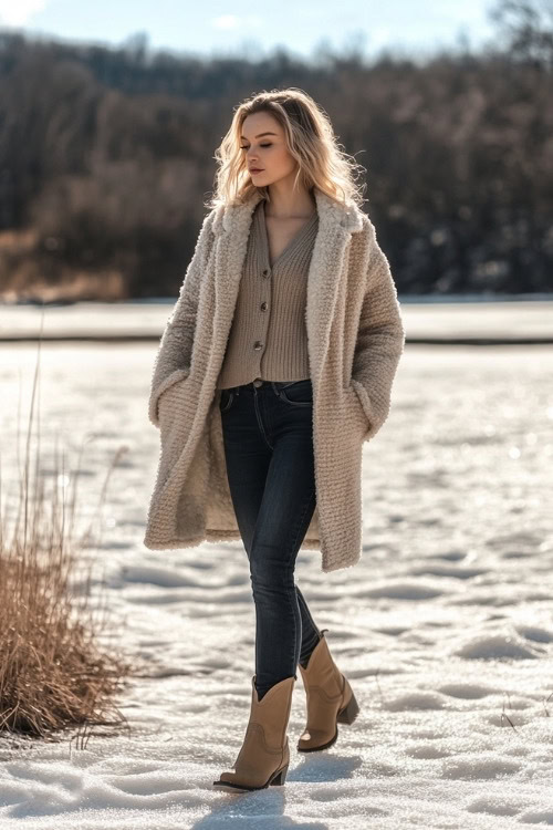 Woman in a warm cardigan layered with a fleece-lined coat, dark skinny jeans, and beige cowboy boots, walking by a scenic frozen lake (2)