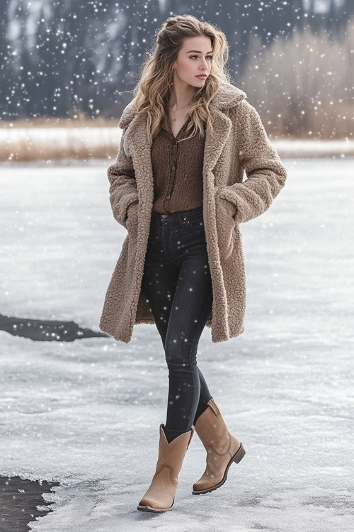 Woman in a warm cardigan layered with a fleece-lined coat, dark skinny jeans, and beige cowboy boots, walking by a scenic frozen lake (3)