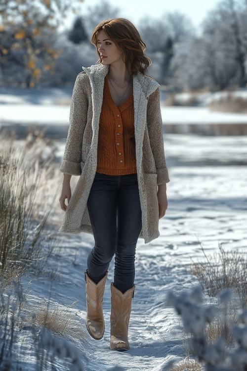 Woman in a warm cardigan layered with a fleece-lined coat, dark skinny jeans, and beige cowboy boots, walking by a scenic frozen lake