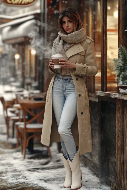 Woman in a winter trench coat with a long scarf, light-wash jeans, and white cowboy boots, holding a steaming coffee cup while standing near a cozy café with frosty windows