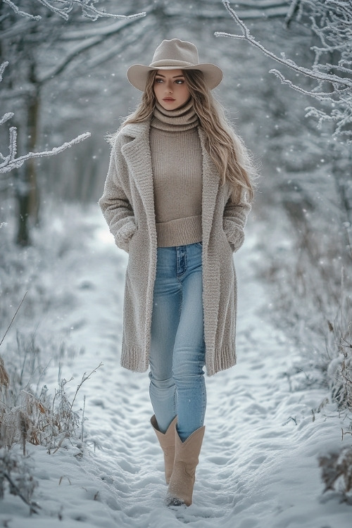 Woman in a wool coat layered over a chunky beige turtleneck sweater, blue jeans, and beige cowboy boots, walking through a snowy forest with icy branches