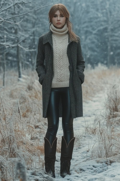 Woman in a wool coat layered over a cream sweater with leather-look leggings and black cowboy boots, standing in a frosty winter forest