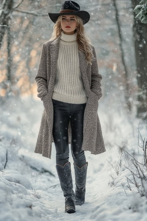 Woman in a wool coat layered over a cream sweater with leather-look leggings and black cowboy boots