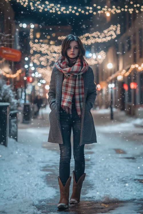 Woman in an oversized plaid scarf layered over a gray wool coat, fitted black jeans, and brown cowboy boots, standing on a snow-covered city street with holiday lights around