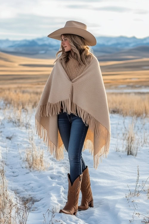 Woman wearing a beige sweater under a camel poncho, dark jeans, and brown cowboy boots, standing in a picturesque snowy meadow with distant hills