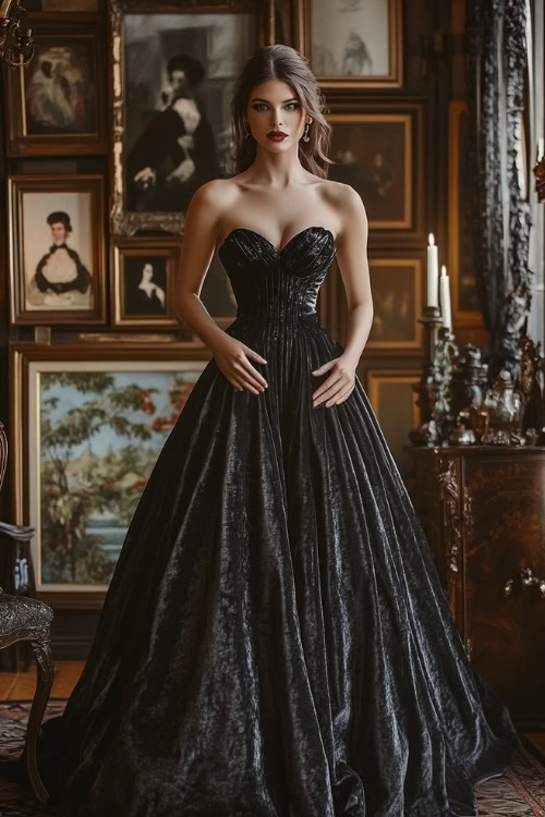 Woman wearing a charcoal gray velvet gown with a fitted bodice, subtle sweetheart neckline, and a full, flowing skirt (2)