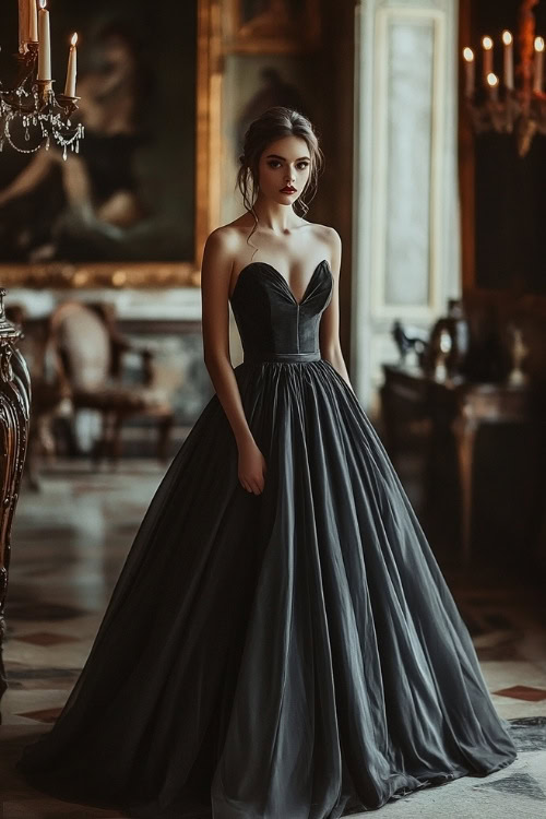 Woman wearing a charcoal gray velvet gown with a fitted bodice, subtle sweetheart neckline, and a full, flowing skirt