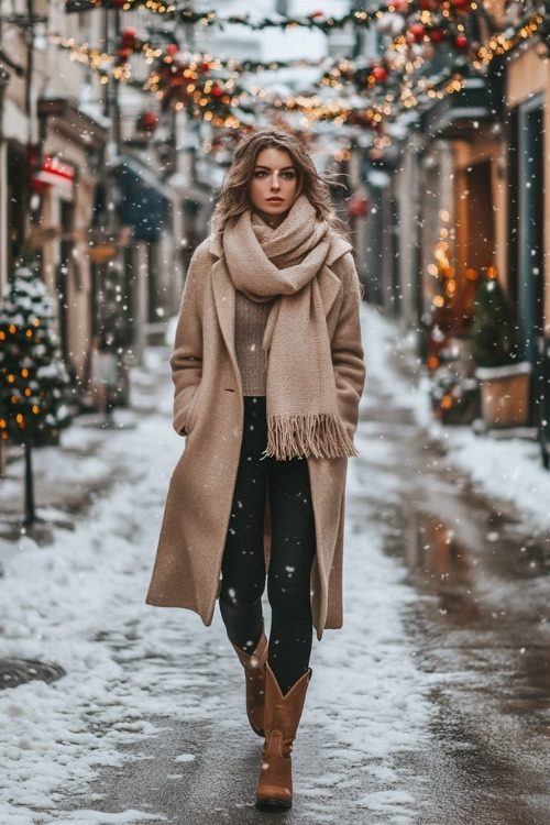 Woman wearing a chunky beige scarf over a long wool coat, black leggings, and brown cowboy boots, walking down a quiet